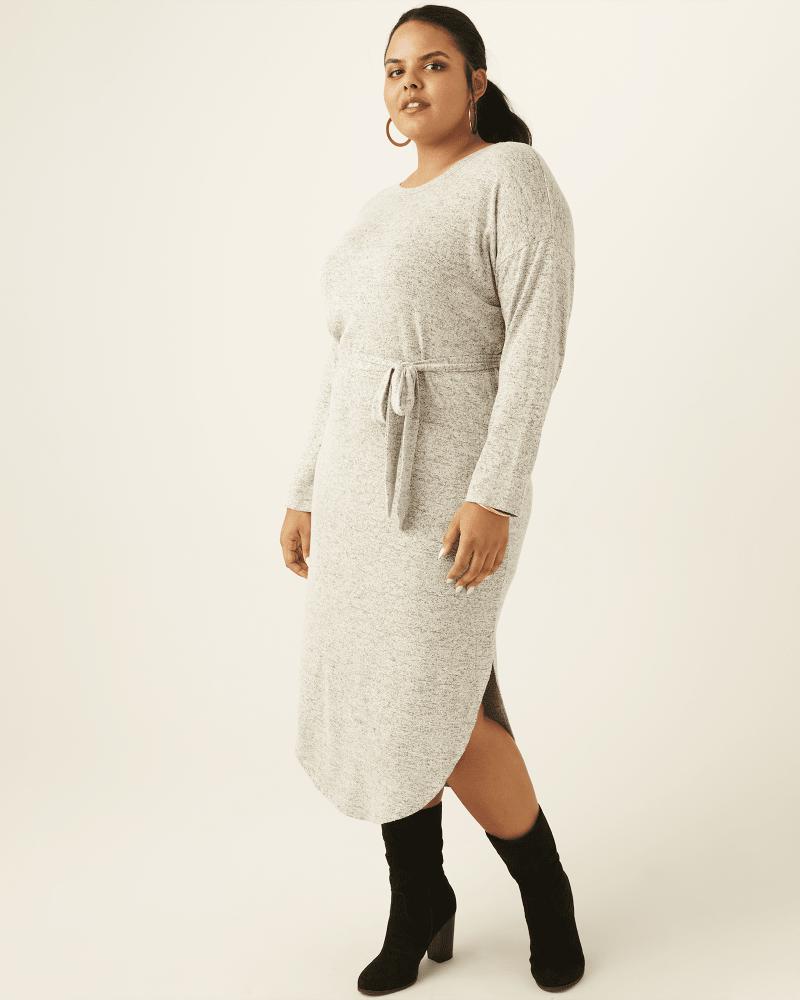 Plus size model with pear body shape wearing Jadis Tie-Waist Midi Dress by Molly&Isadora | Dia&Co | dia_product_style_image_id:171491